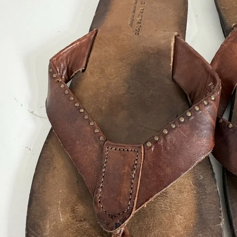 John Varvatos Brown Italian Leather Thong Sandal 10.5 10 1/2 Missing Stud $295